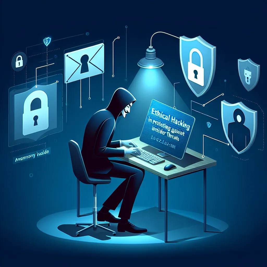 "Ethical hacker analyzing network security systems to prevent insider threats and enhance data protection in a corporate environment."