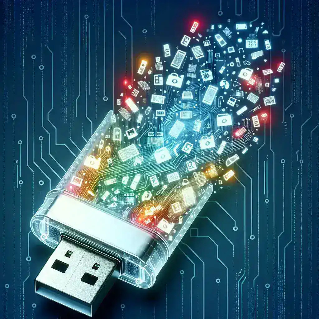 "Person recovering files from a FAT32-formatted USB drive using data recovery software, illustrating the process of retrieving deleted files."