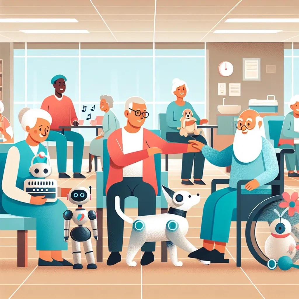 "Robot pet interacting with elderly resident in an eldercare facility, showcasing the benefits of companionship and emotional support provided by robotic animals."