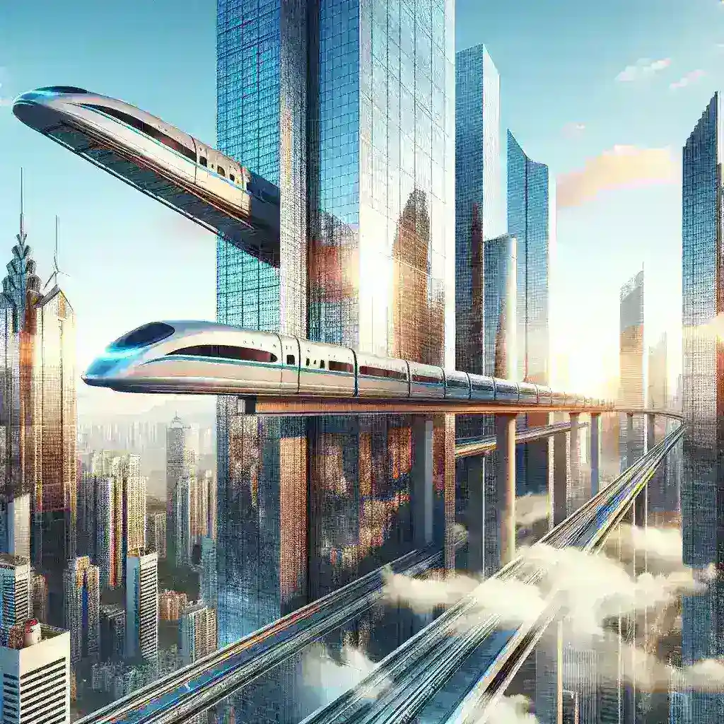 "Maglev train soaring above cityscape at 300 mph, symbolizing sustainable transportation and connectivity between major cities in innovative transit systems."